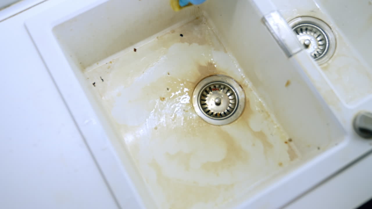 Cleaning a dirty kitchen sink with care. A person scrubs a stained kitchen sink with a sponge, aiming to restore its cleanliness and shine