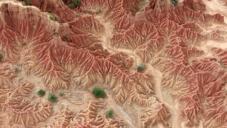 drone video capturing the vibrant red and orange erosion patterns of tatacoa desert, showcasing a dramatic, sunlit landscape with intricate details in a sweeping natural formation.