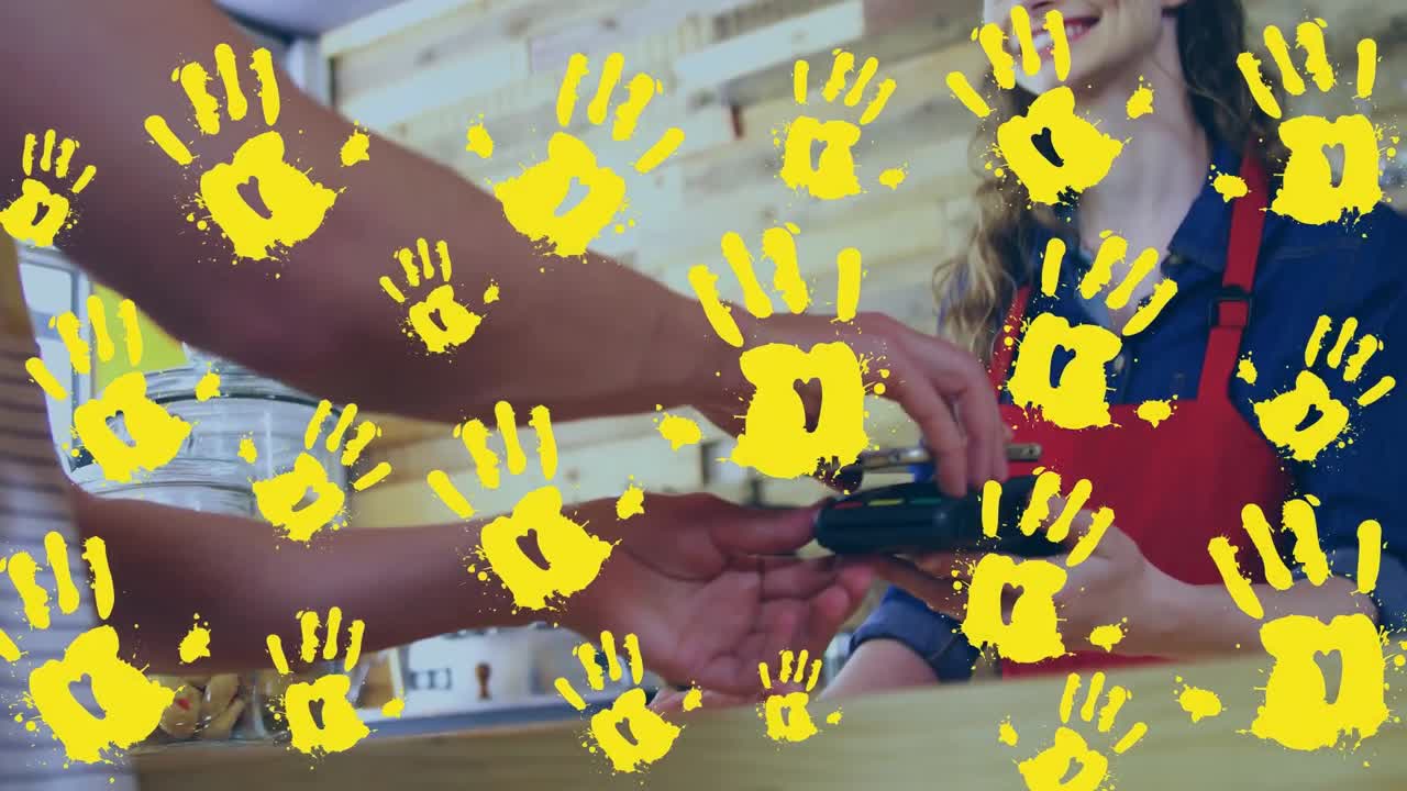 animación de manos cayendo sobre personas que usan terminales de pago