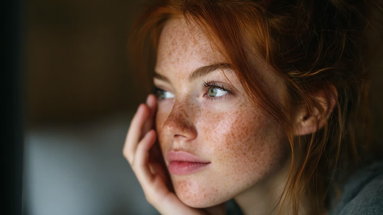 Un momento contemplativo: un ritratto introspettivo di una giovane donna con lentiggini e capelli rossi che cattura serenità ed emozione in un ambiente tranquillo.