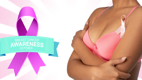 animación del logotipo de la cinta rosa con texto de cáncer de mama sobre mujeres con sostén rosa