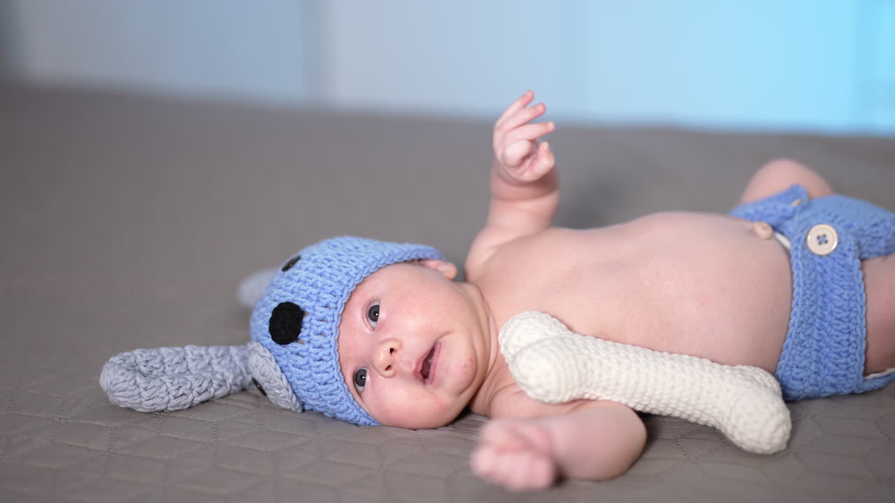Adorable baby lying on the big bed. Baby in a nice costume of a puppy lies and moves his little feet. Little kid in a funny knitted costume.