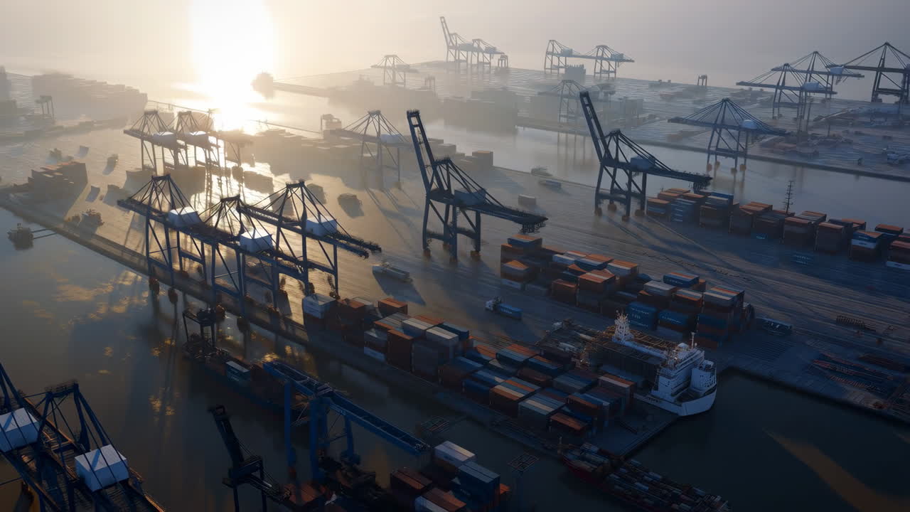 Aerial View of a Bustling Container Port at Sunrise