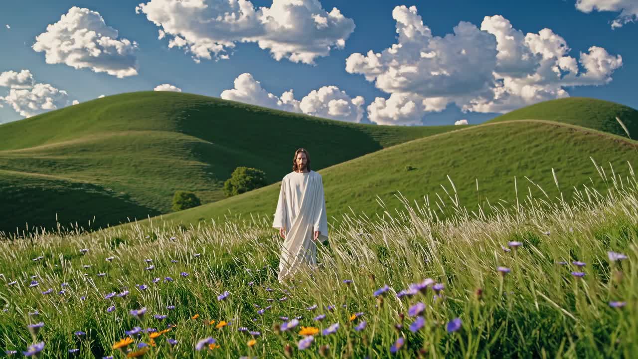 A serene video scene of a person in white walking through a vibrant meadow, captured from a low