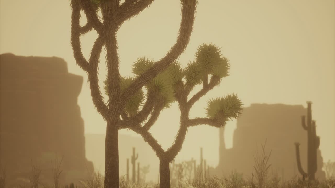 Desert landscape featuring unique plants during sunset in arid environment