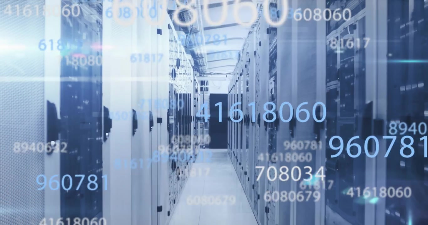 Animation of multiple changing numbers, mosaic squares and light spot against computer server room