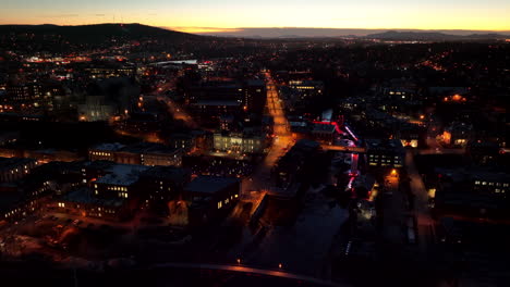 downtown sherbrooke at night in canada - aerial drone shot