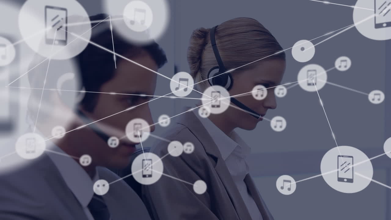 Animation of network of digital icons over caucasian woman wearing phone headset smiling at office