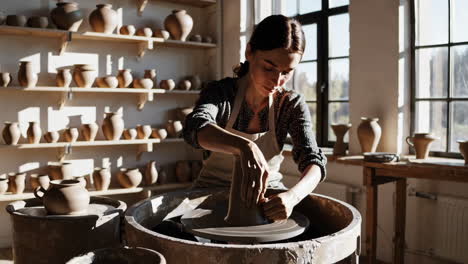 woman working on pottery wheel in studio