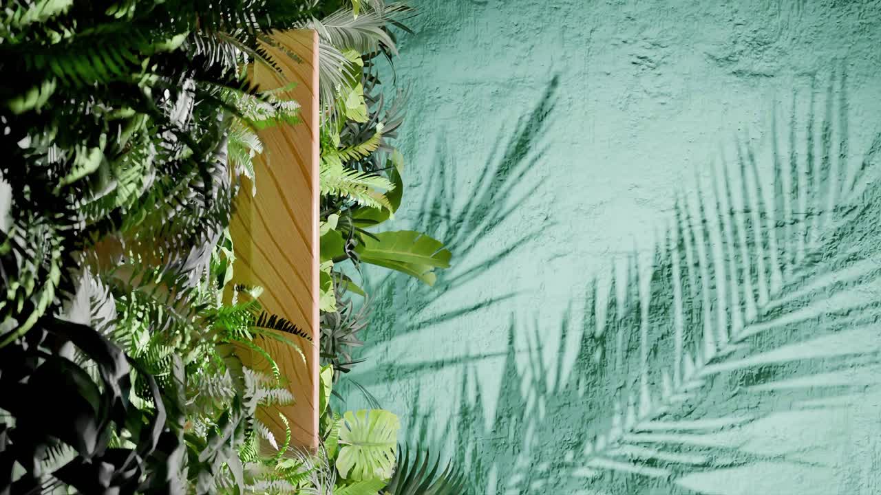 A Wooden podium surrounded by tropical green foliage with palm leaf shadows on green textured wall. Minimalist product display template. Summer and nature concept. wallpaper.copy space. vertical