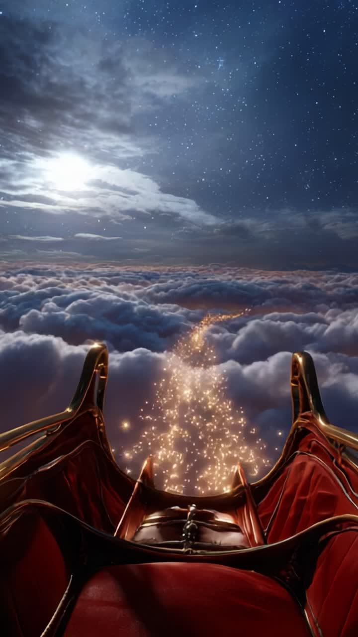 A Magical Journey Through the Night Sky: An Enchanting Sleigh Gliding Above the Clouds with Sparkling Trails Under the Moonlight, Illustrating a Fantastical Adventure in a Dreamlike Atmosphere