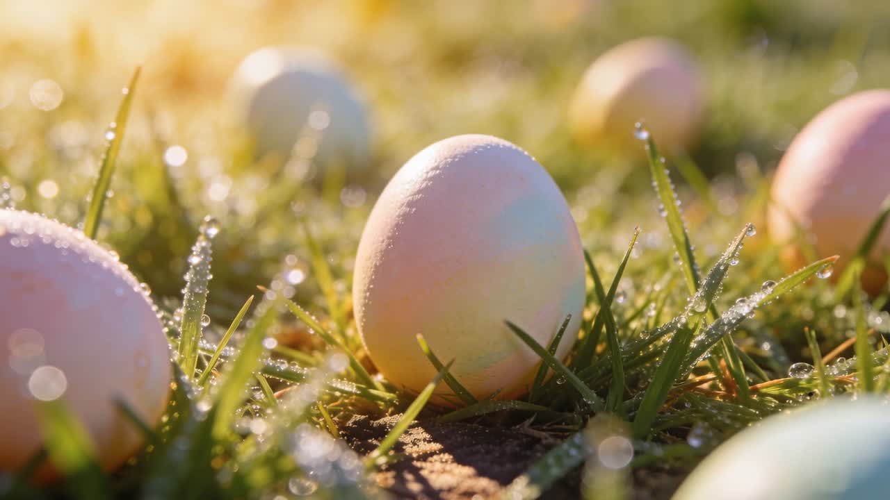 Intensivare solljus och kameran fokuserar, belyser centralt pastellägg på daggigt gräs