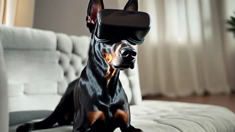 a dog wearing a virtual reality headset sitting on a couch