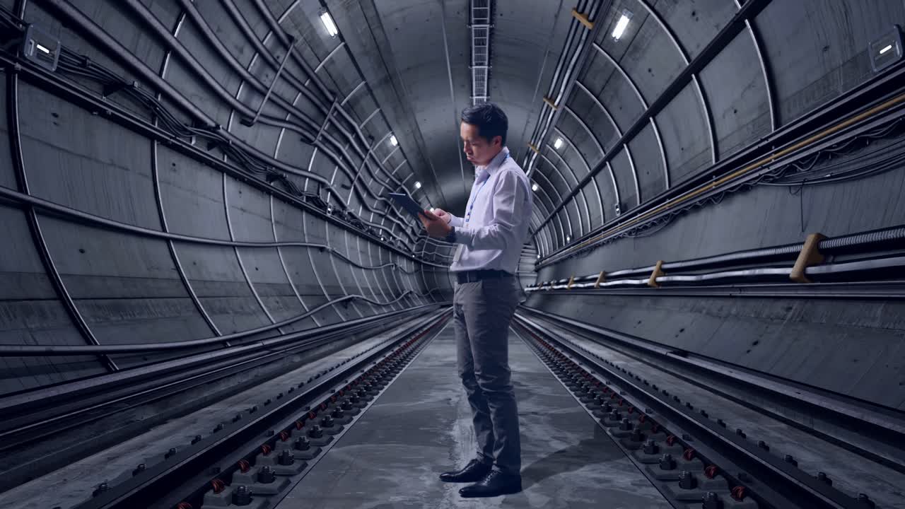 Full Body Side View Of An Asian Male Professional Worker Standing With His Tablet In Underground Subway Tunnel, He Is Nodding His Head With Dissapionted