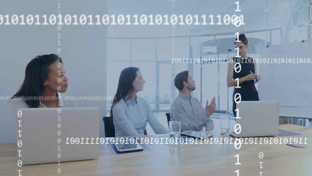 Animation of data processing over diverse colleagues talking in office