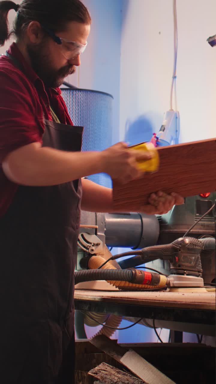 Hombre lijando un tablón de madera a mano en un taller de carpintería