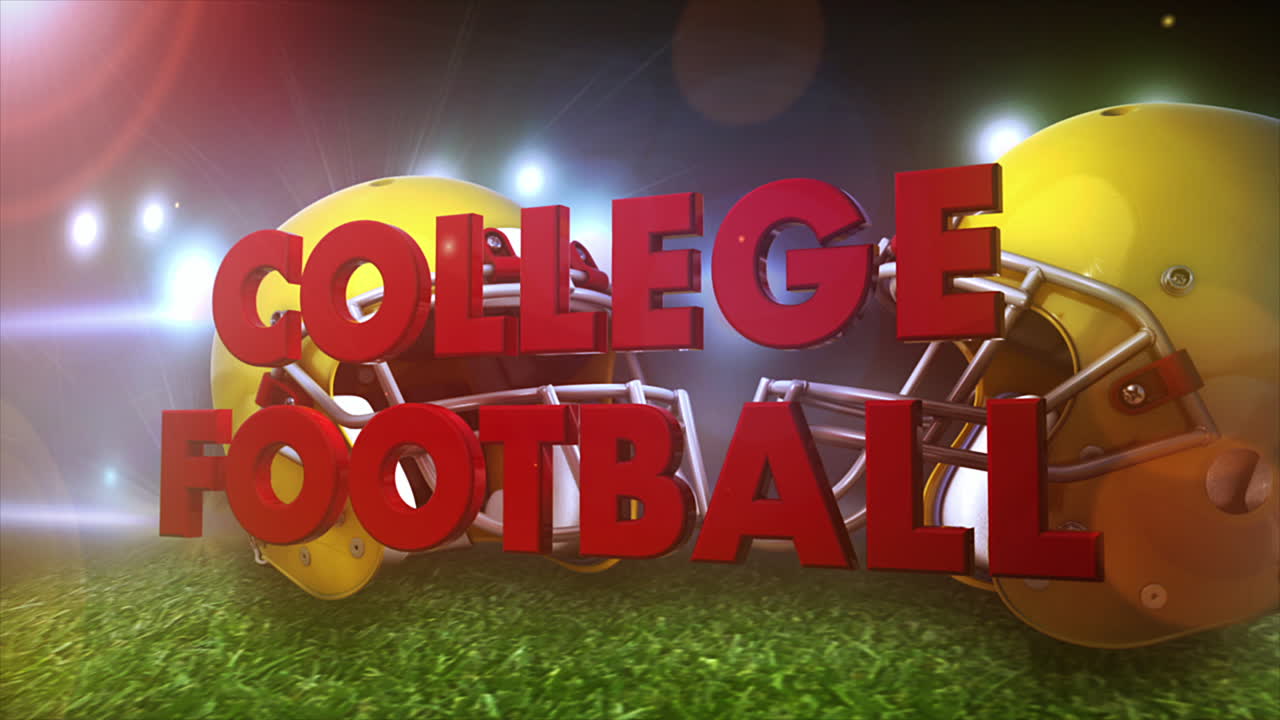 An exciting 3D render of "COLLEGE FOOTBALL" on a football field with two football helmets