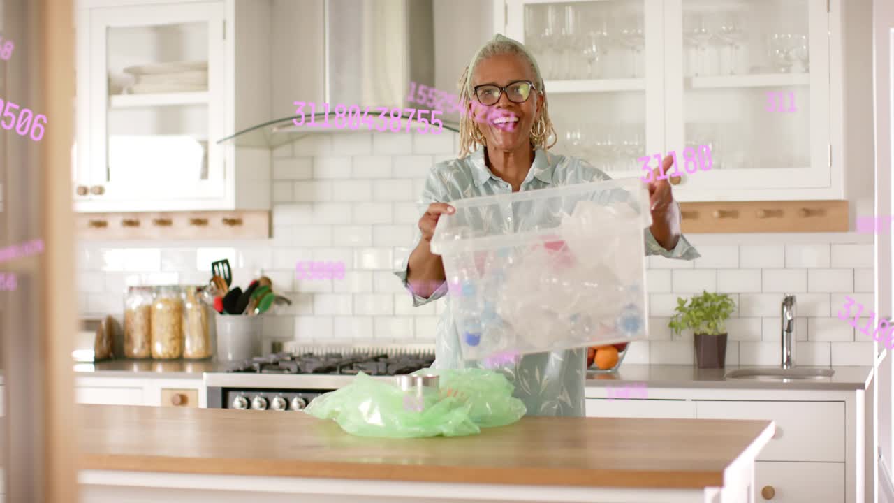 Senior woman reaching for clear bin, presenting for reuse with pink numbers floating across frame