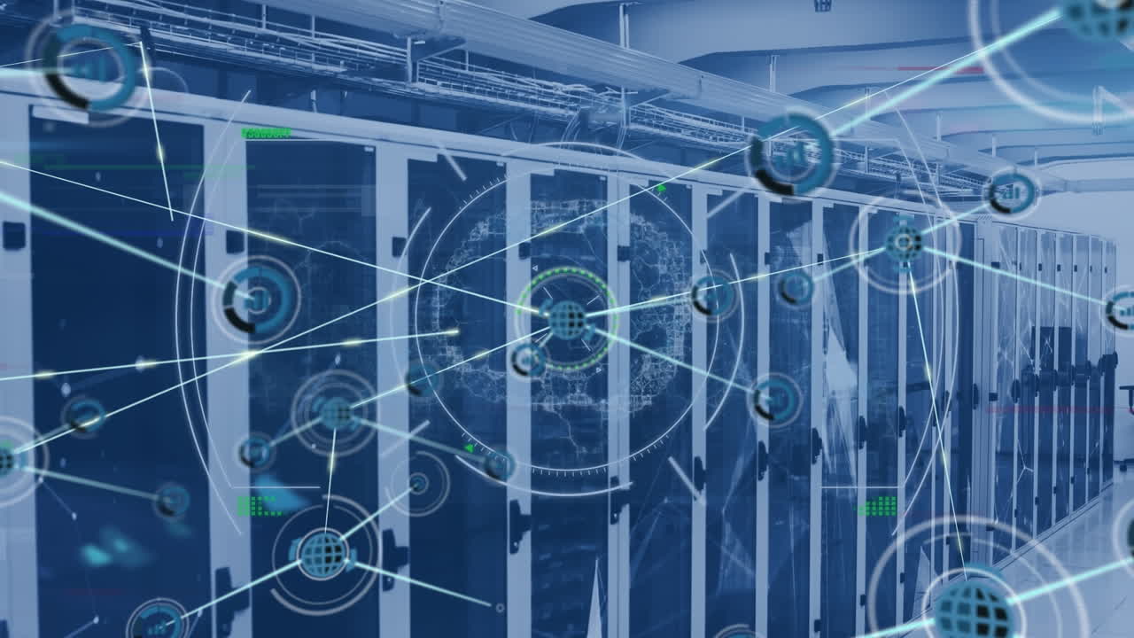 Animation of network of connections with icons over computer servers