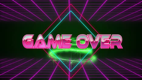 game over text animation over neon grid and geometric shapes
