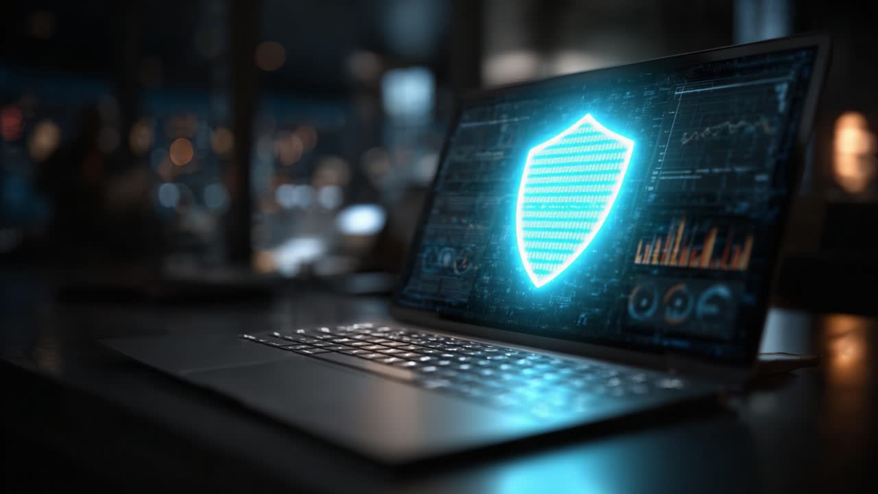 An Innovative Display of Cybersecurity on a Laptop, Featuring a Sleek Shield Design with Digital Graphics and Data Representations in a Modern Workspace Setting