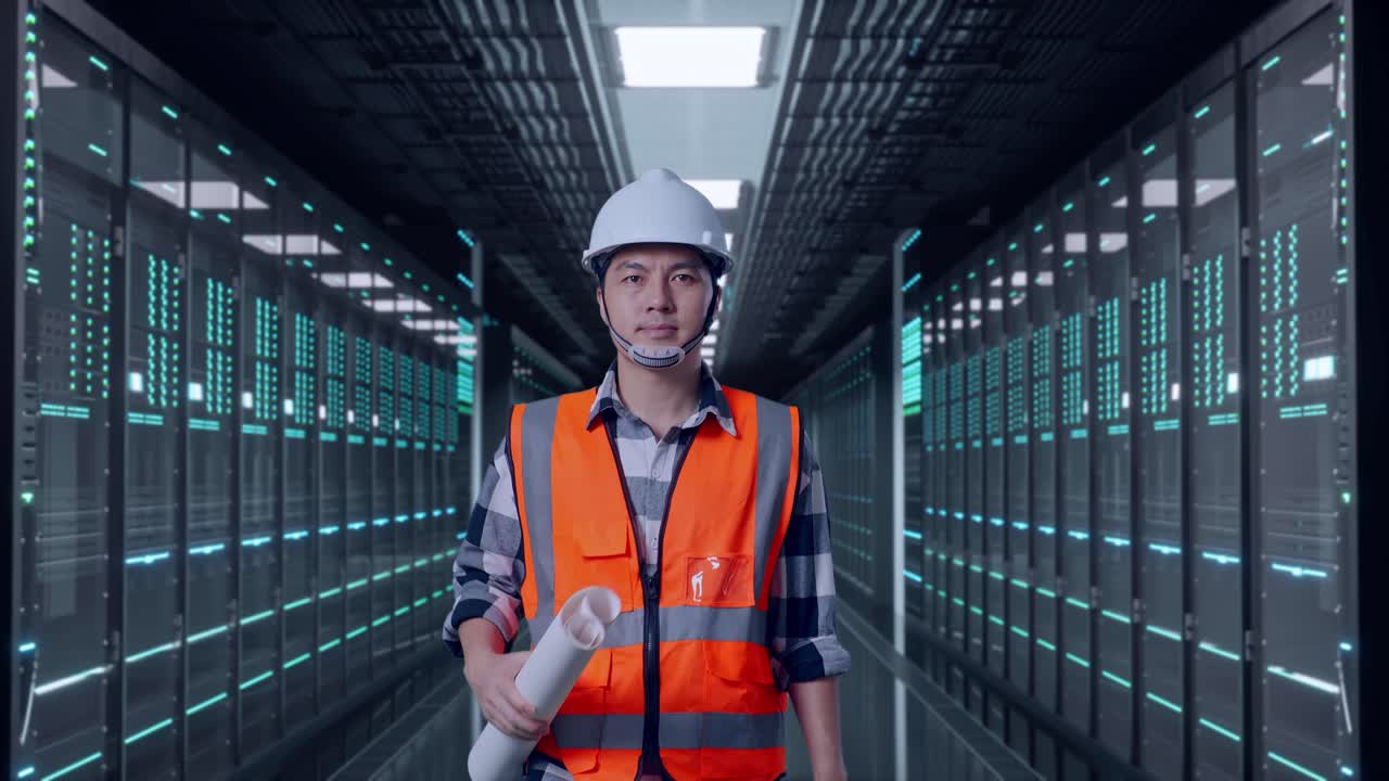 Front View of Asian Male Engineer Holding Blueprint While Walking in Server Room Data Center