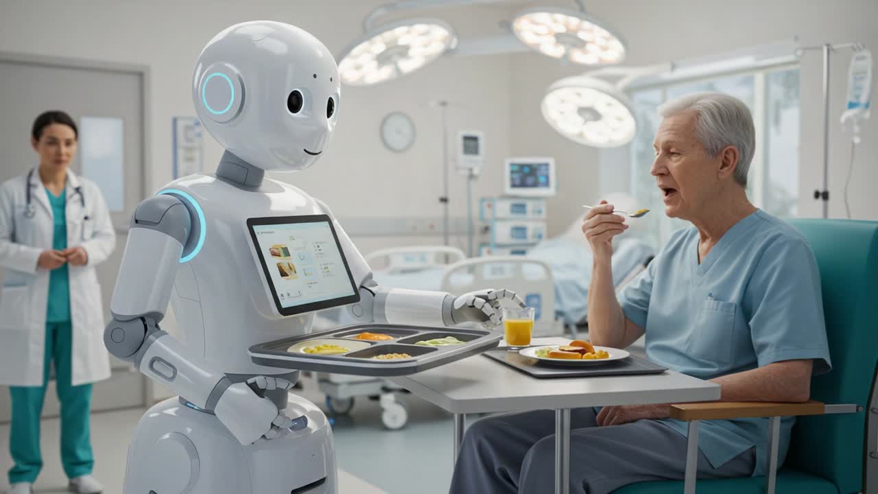 A Robotic Care Assistant Delivers Meals to a Patient in a Hospital Room, Enhancing Patient Support and Care Through Technology and Innovation