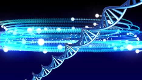 animation of dna strand spinning with copy space over blue and black background