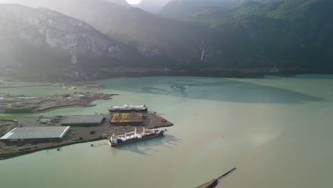 Aerial-view-of-Squamish-logging-port-and-Shannon-Falls,-Morning,-Squamish,-BC,-Canada