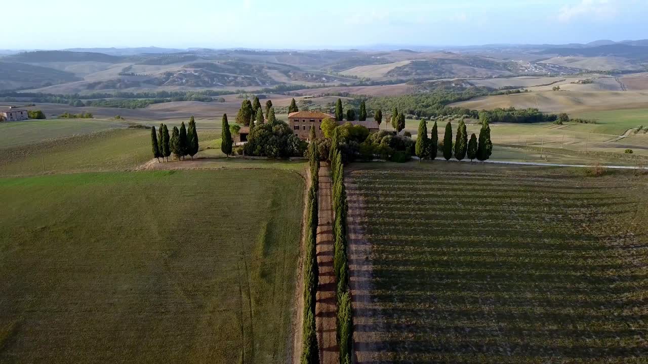 cipreses a lo largo de un camino a una villa agrícola tradicional en toscana, italia, muñeca aérea en tiro