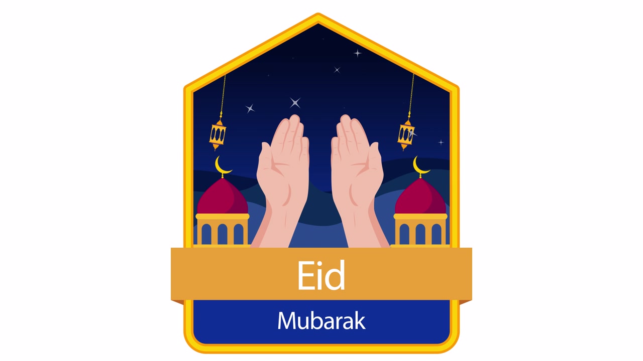 Saluto animato Eid Mubarak con mani in preghiera e silhouette di moschea.