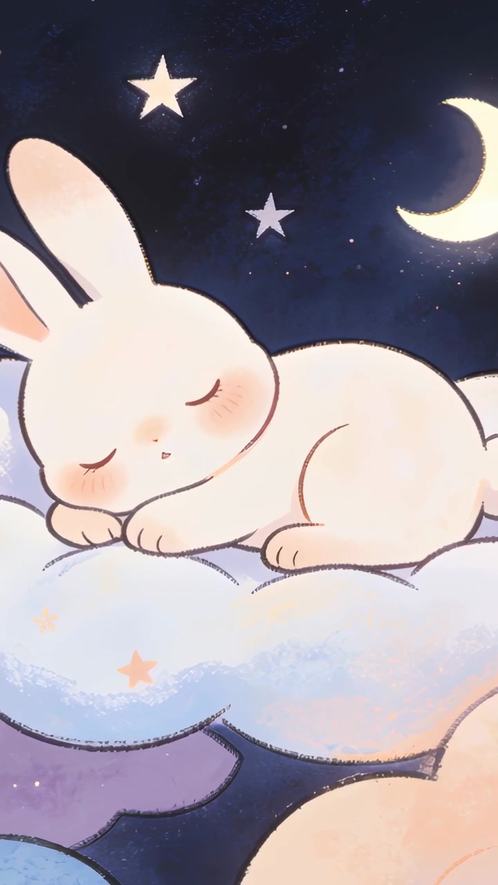 Vertical video: Breathing rabbit moving, opening mouth and tilting ear on cloud under crescent moon