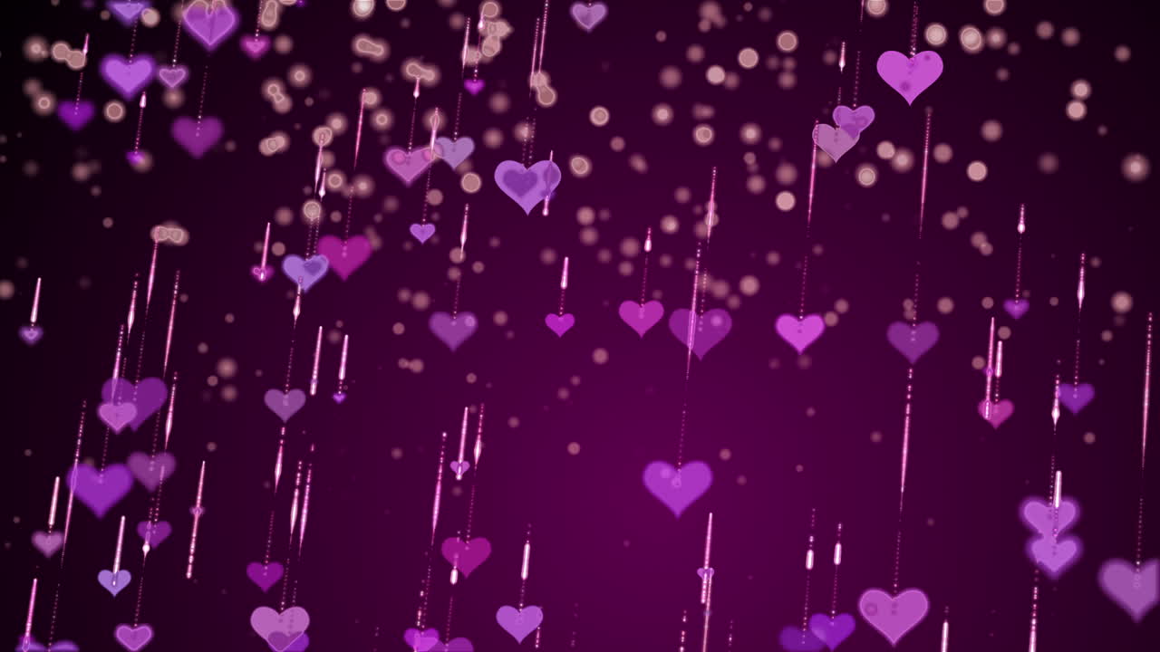 Floating pink hearts with glitter particles. Animated red background for a wedding. Blurred glowing spheres.