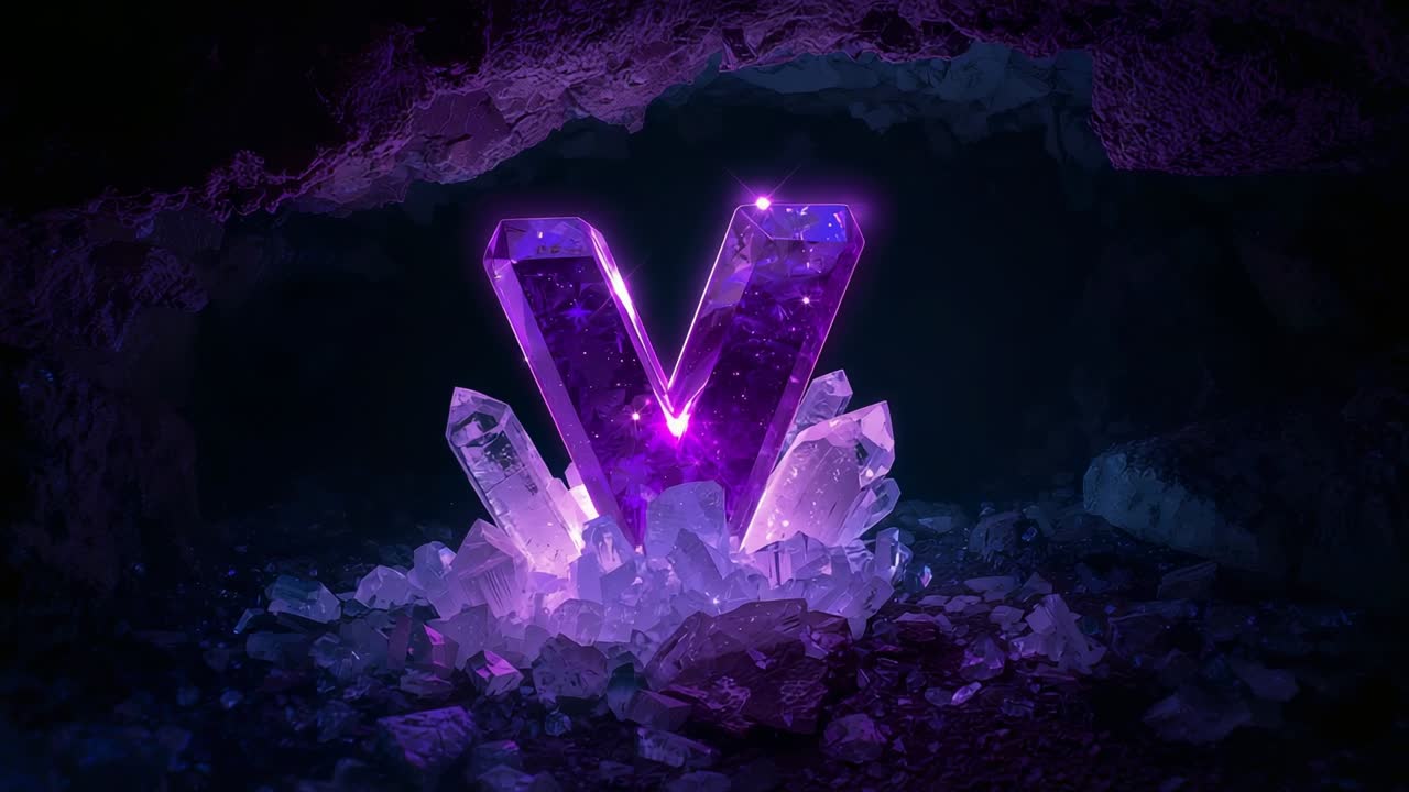 Accensione di una soffusa luce viola, che rivela un cristallo pulsante a forma di V tra frammenti di quarzo in una caverna rocciosa
