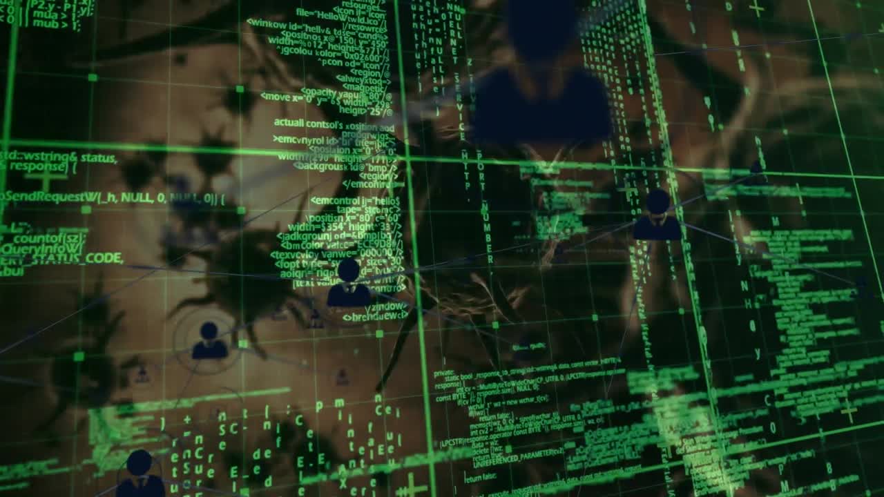 red de iconos digitales sobre red de rejilla contra múltiples células de covid-19 en fondo negro