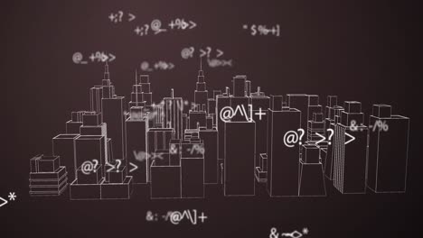 símbolos matemáticos contra el modelo de ciudad 3d giratorio en fondo marrón