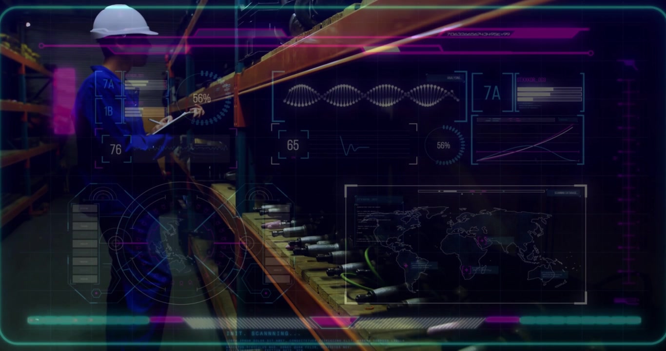 Warehouse tech walking aisle, tapping scanner activating HUD showing live charts, checking tools