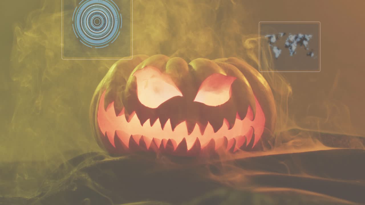 Su una zucca, appaiono marcatori HUD luminosi che scansionano l'area della bocca, evidenziando l'interno e poi svanendo.