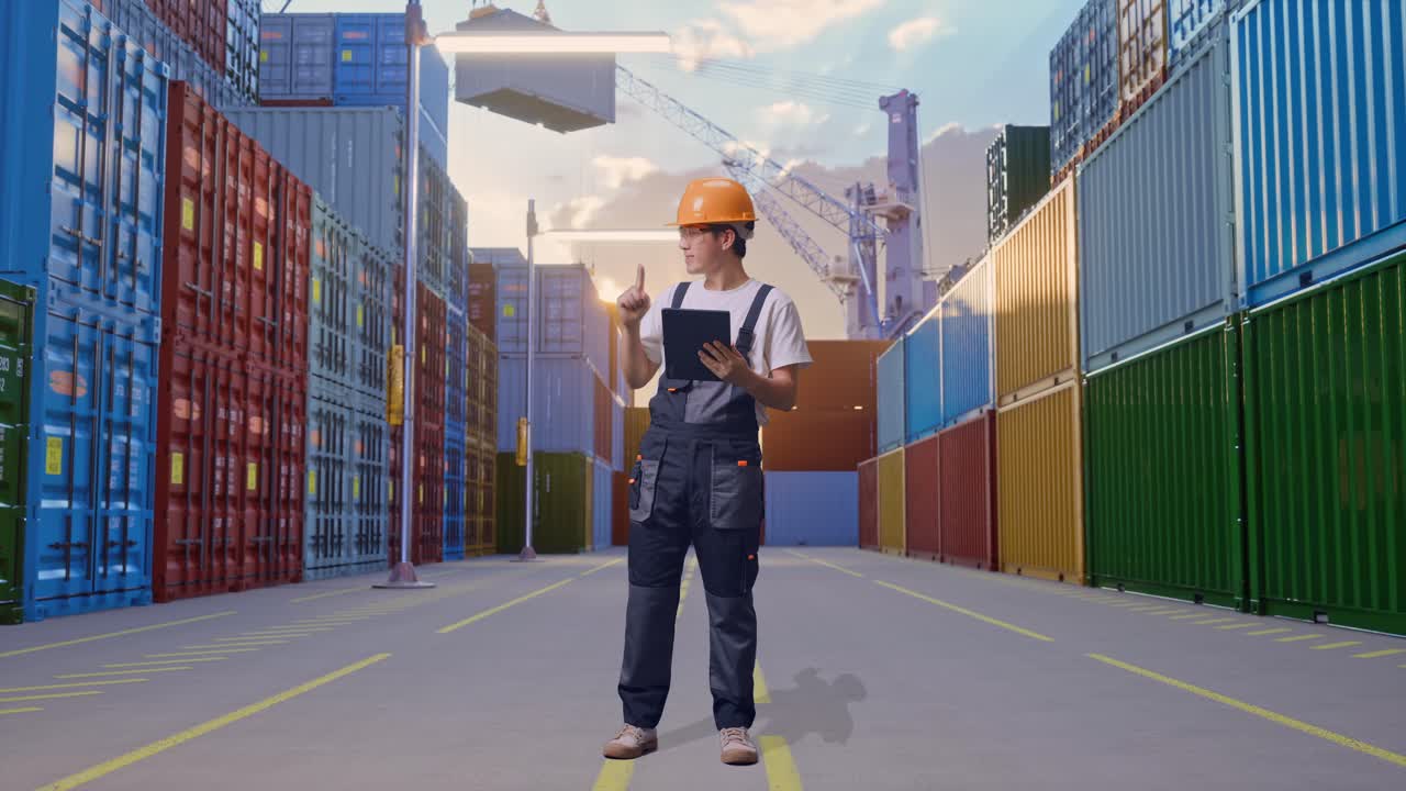 cuerpo lleno de hombre asiático trabajador con gafas de protección y casco de seguridad usando una tableta y apuntando a un lado mientras estaba de pie en el almacén del patio de contenedores