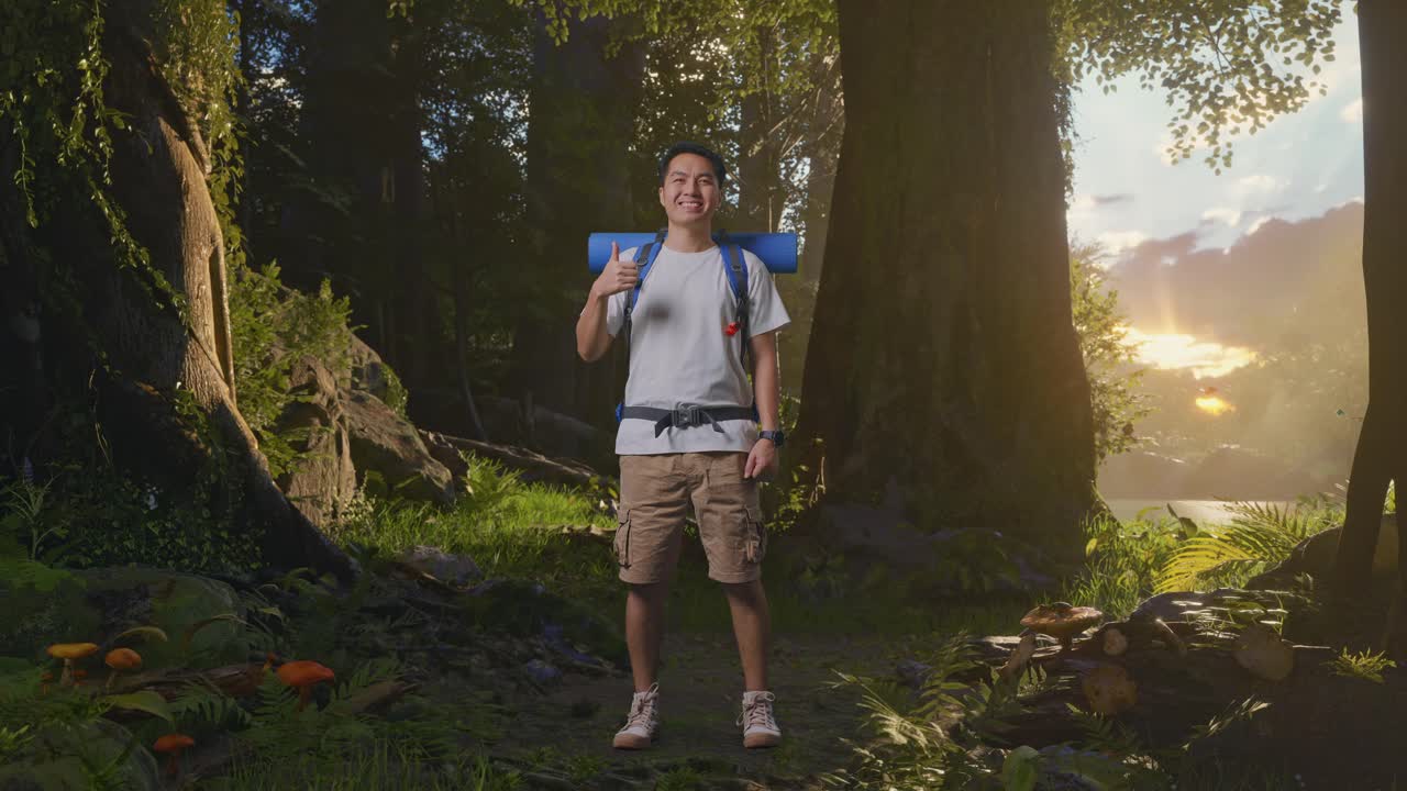 feliz viajero en el bosque