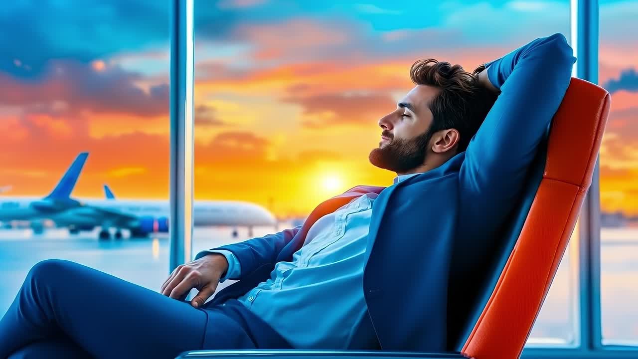 A man sitting in an airplane looking out the window at the sunset