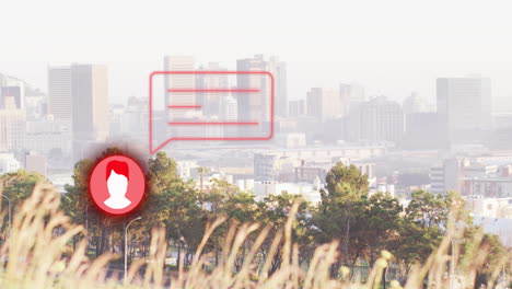 animación del icono de las redes sociales y la burbuja de habla sobre el paisaje urbano