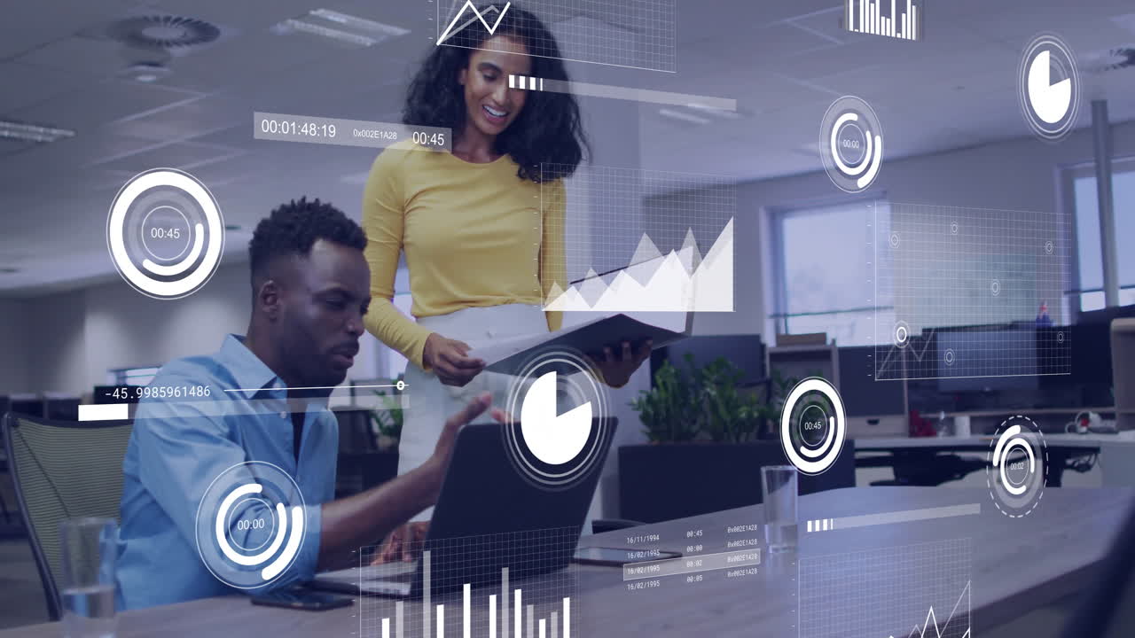 Business data analytics animation over diverse colleagues collaborating in modern office