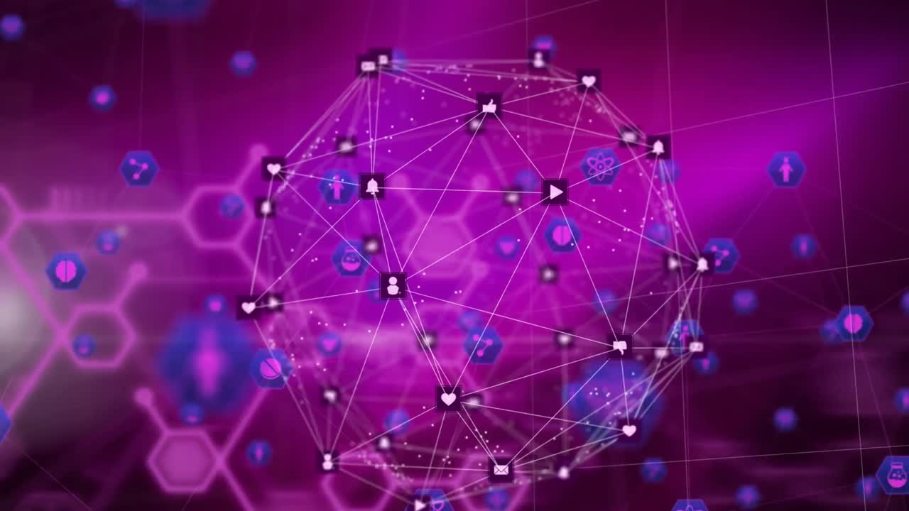 globo de iconos digitales girando y iconos digitales flotando contra un fondo púrpura