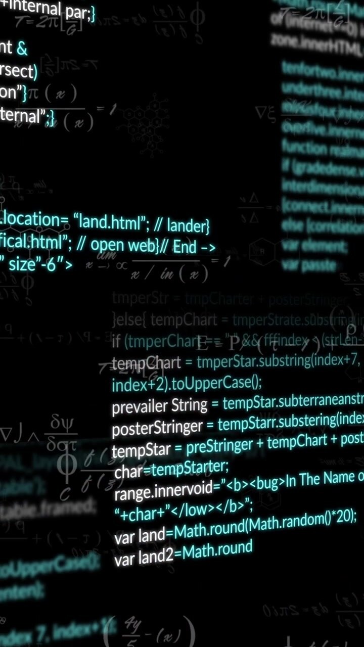 Animatie van computercode en wiskundige formules die zweven in digitale ruimte.