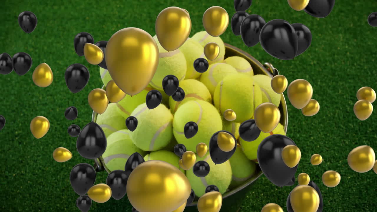 Tennis balls in basket with floating gold and black balloons animation