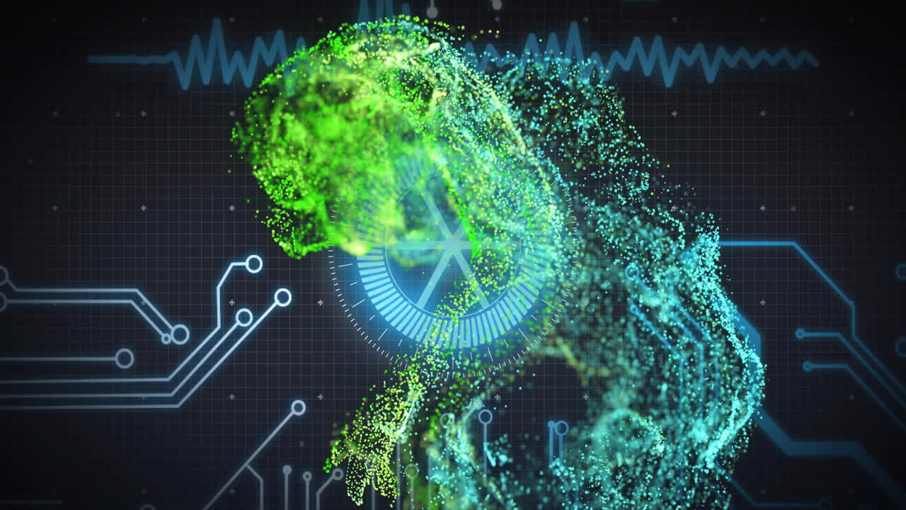 Animation of digital particles forming human figure with circuit patterns in school