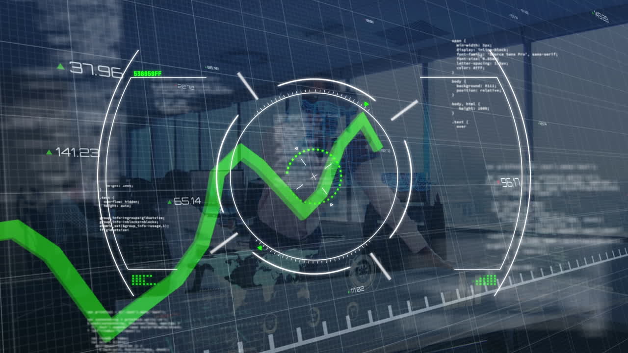 Digital interface with data processing on african american businessman wearing vr headset at office