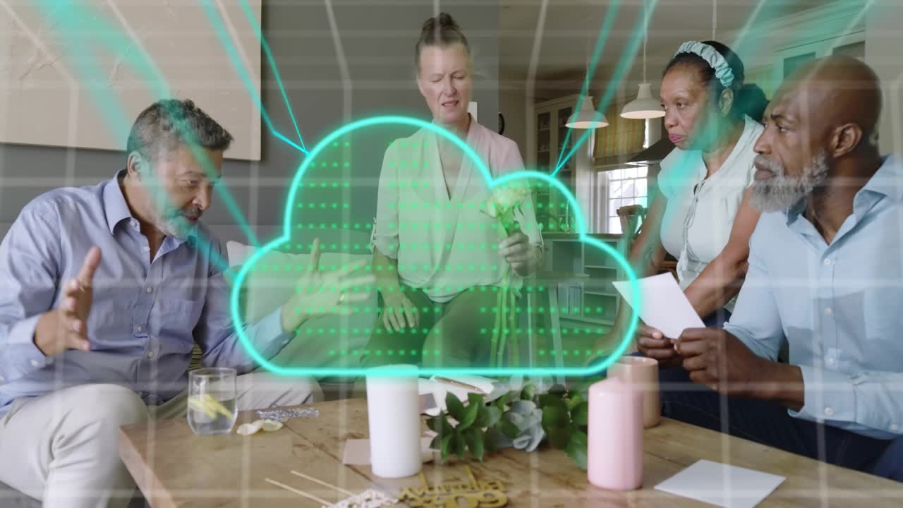 Woman offering bouquet, man pointing at papers, others sharing, cloud tech growing, planning