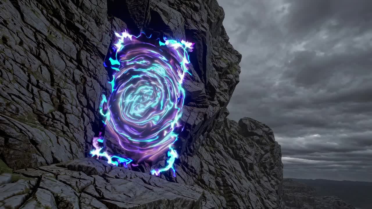 portal brillante en la montaña rocosa